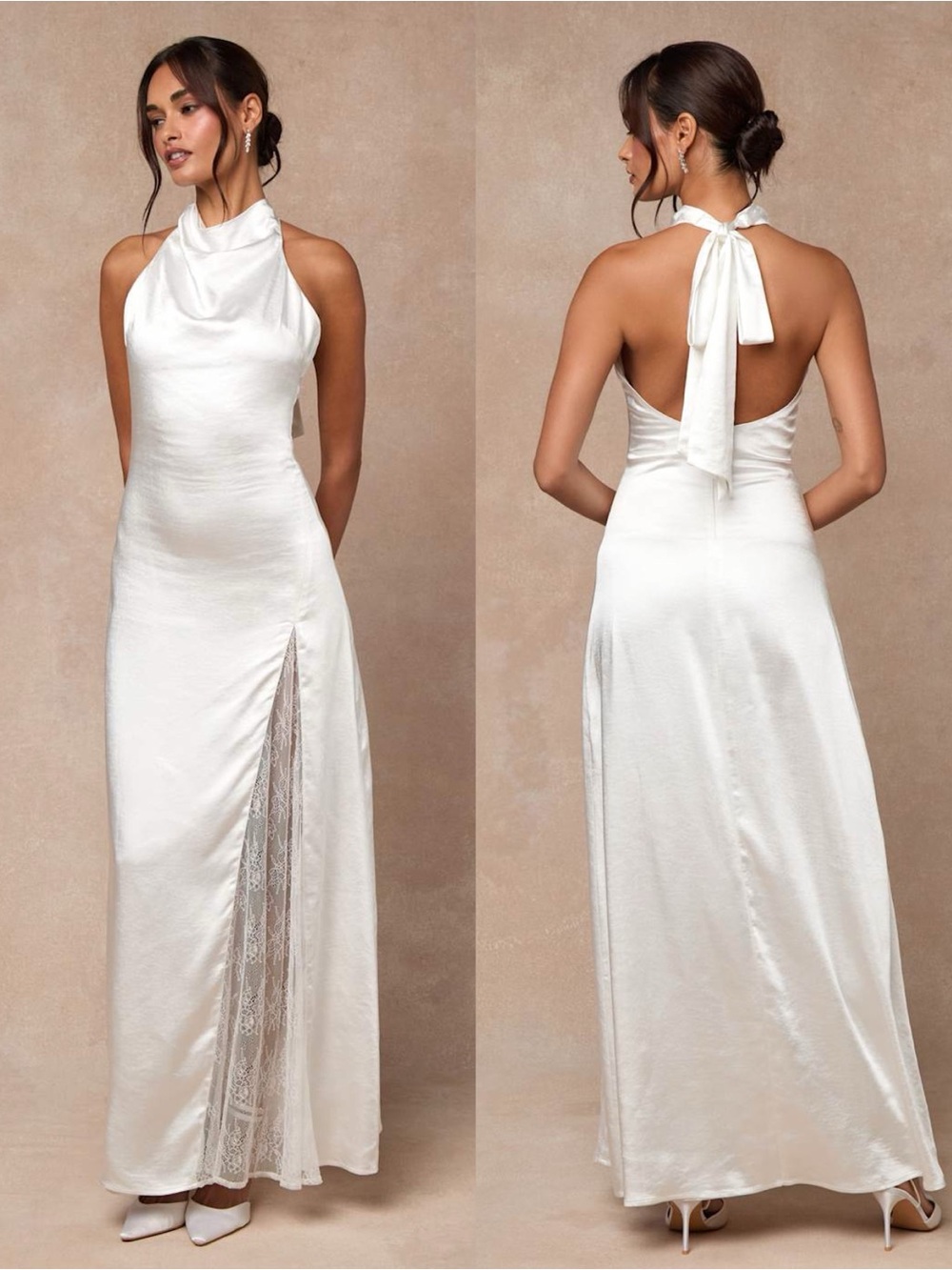 LULU’S Concetta Ivory Satin Lace Halter Maxi Dress